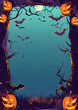 © john - Halloween night frame with bats and Jack O' Lanterns. Vector poster illustration.