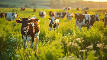 Poster - A herd of cows are grazing in a field