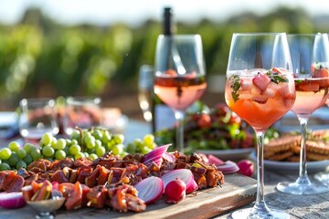 group of friends enjoying a festive outdoor barbecue at a vineyard with glasses of wine, cocktails, and delicious food.