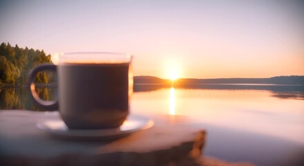 Wall Mural - Cup of coffee by a serene lake with an amazing sunset view Seamless looping time lapse virtual video animation 4k animation