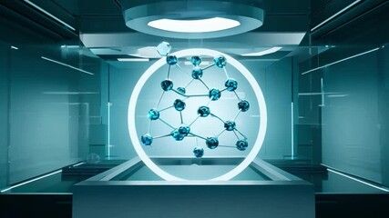 Poster - A futuristic laboratory with a glass case containing an illuminated molecular model surrounded by a white ring. The room is empty and has smooth, clean surfaces.