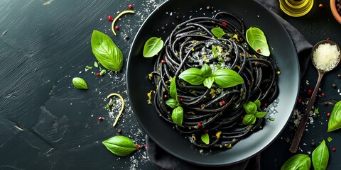 Poster - A plate of black pasta with green basil leaves and a spoon