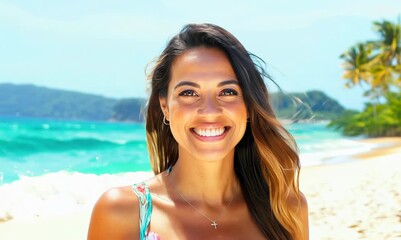 Poster - Portrait of a beautiful young woman on the beach at Seychelles