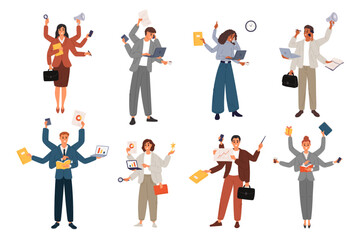 Multitasking characters. Men and women with lots of hands. Executive people performing several tasks at same time. Successful businessman. Effective business management. Garish vector set