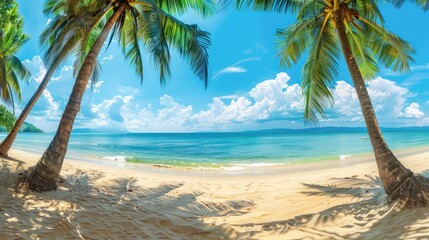 Wall Mural - Beautiful tropical beach banner. White sand and coco palms travel tourism wide panorama background concept. Amazing beach landscape