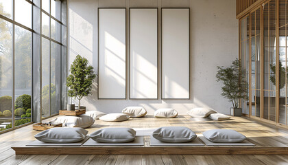 Wall Mural - Modern meditation room large windows with empty frame