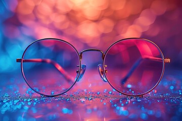 A pair of glasses with a purple frame is sitting on a blue surface