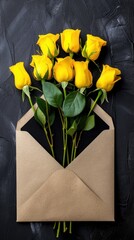 Wall Mural - Fresh yellow roses accompany a blank card and envelope, perfect for a heartfelt message or special occasion, placed on a textured gray surface