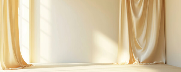Poster - Minimalist room with beige curtains and sunlight through window