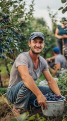 Poster - A man is smiling while holding a bucket of blueberries