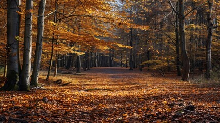 Wall Mural - Beautiful Autumn Forest with Golden Leaves Covering the Path in Warm Afternoon Light