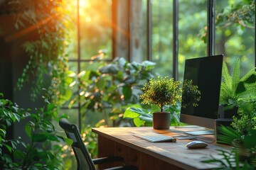 Poster - A computer desk with a potted plant and a keyboard