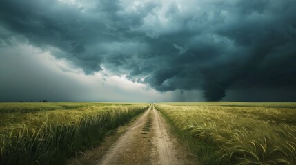 Poster - A road in a field with a storm in the distance