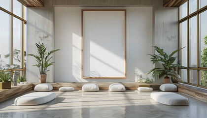 Wall Mural - Modern meditation room with comfortable seating with empty frame