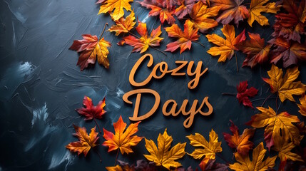 Canvas Print - Cozy Days text surrounded by autumn leaves on a dark textured background, ideal for fall-themed designs and announcements