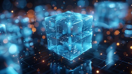 Poster - digital representation of a glowing cube hovering in a futuristic environment with bokeh effect