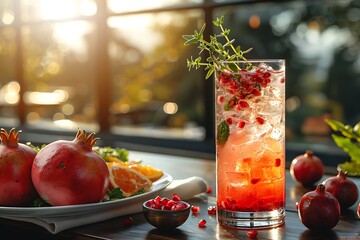 Wall Mural - a glass of red liquid with a fruit on a plate.