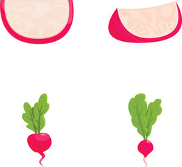 Sticker - Colorful illustration featuring stylized ham slices and whole radishes with leaves ideal for foodrelated design