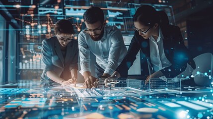 Aufkleber - Three people are working on a computer screen, with one of them wearing glasses