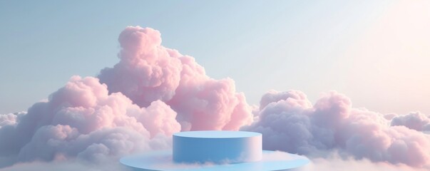 Aufkleber - Blue cylindrical podium amidst fluffy pink clouds in soft sunlight, surreal dreamlike scene, whimsical and ethereal concept