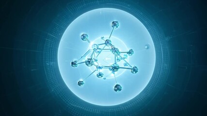 Poster - A 3D molecular structure is illuminated by a bright blue circle against a dark blue background.