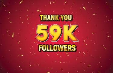 Wall Mural - Golden 59K isolated on red background with golden confetti, Thank you followers peoples, 59K online social group,60K 