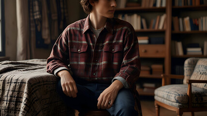 person sitting on a bench, in a unique pattern shirt