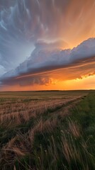 Poster - A large cloud is in the sky and the sun is setting