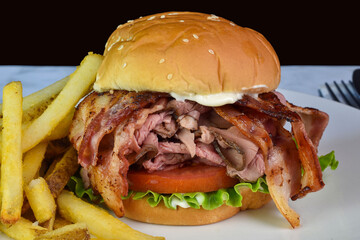 Wall Mural - roast beef  sandwich with french fries