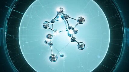 Poster - A three-dimensional molecular structure composed of interconnected spheres floats in the center of a circular display.