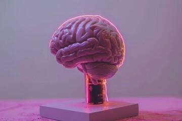 Poster - Brain model with pink lighting representing creativity and neural networks in a modern setting