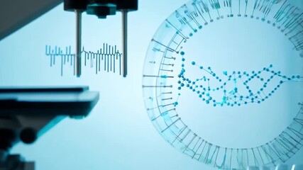 Poster - a medical laboratory microscope with blue data visualizations in the background. test tubes with blu