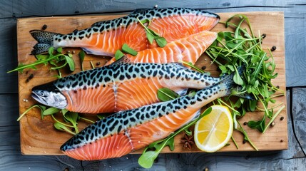 Wall Mural - Fresh Salmon Fillets on Wooden Cutting Board