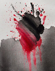 Aufkleber - Dynamic Abstract Watercolor. Bold Red and Black Ink Splatters on Textured White Canvas. Vertical Banner Wallpaper Background With Copy Space