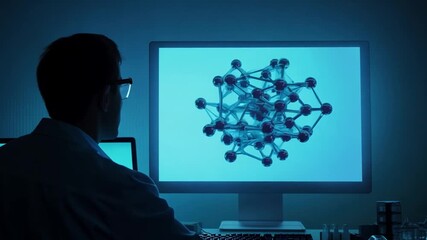 Poster - A scientist in a lab coat sits in front of a computer, looking intently at a molecular structure displayed on the screen.