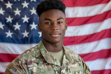 Portrait of African American Army Soldier Posing in Front of the American Flag