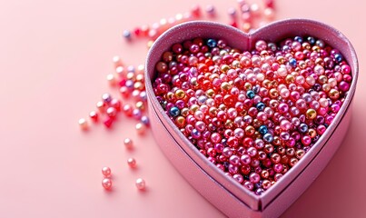 Canvas Print - Heart shaped pink box with multi-colored beads on pink background