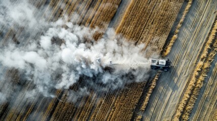 Poster - A large tractor is spraying a field with a white cloud of smoke