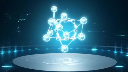 Poster - A glowing blue network structure with interconnected spheres hovers above a circular stage.