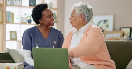 Sticker - Caregiver, senior patient and happy with laptop on sofa in nursing home with help on subscription on news website. People, nurse and woman with teaching or learning for blog page and internet