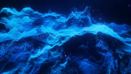 Poster - Abstract moving futuristic landscape of particles and dots of energy magic with glow and blur effect, abstract background. Video 4k, motion design