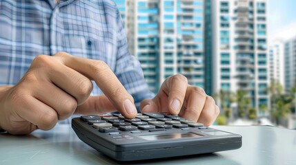 Poster - A hand uses a calculator to analyze financial growth trends with charts and graphs laid out on a desk in a contemporary office setting