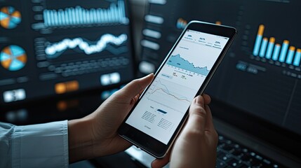 Poster - A person examines financial charts on a smartphone, surrounded by glowing data visualizations on multiple screens in a dimly lit workspace