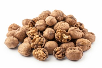 Wall Mural - A pile of walnuts with some of them open. The walnuts are all different sizes and shapes