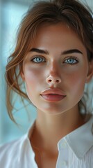 Wall Mural - A woman with blue eyes and a pinkish tint to her lips