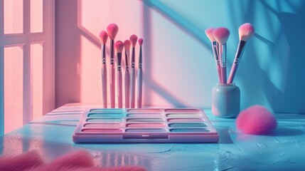 Wall Mural - Makeup brushes and eyeshadow palette casting shadows in pink and blue light