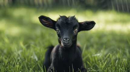 Poster - A black goat is laying in the grass
