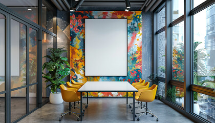 Canvas Print - Modern meeting space colorful accent with empty frame