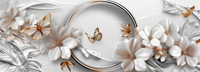 Canvas Print - A panel wall art with feather and flower designs and a butterfly silhouette on a marble background, a decorative wall art