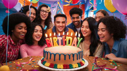 Wall Mural - A group of people around a birthday cake with lit candles, AI